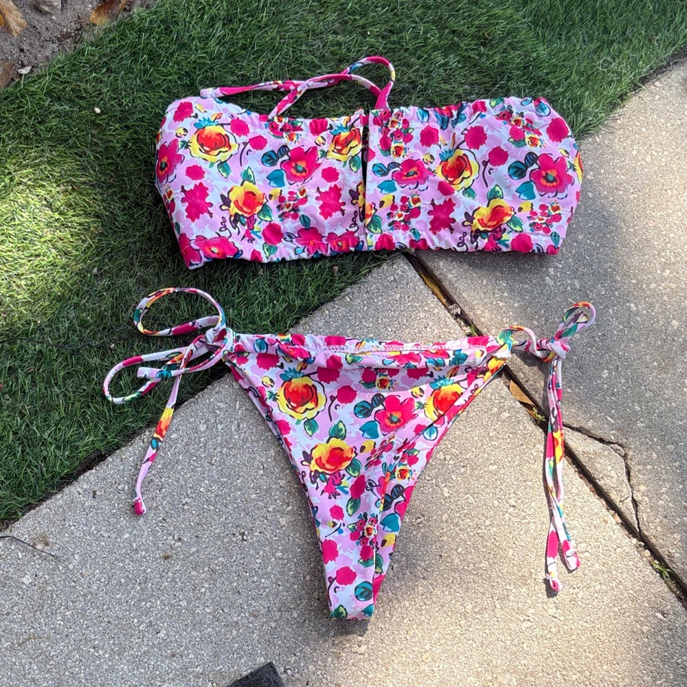Floral Bandeau Tie-Side Bikini Set - Pink Floral